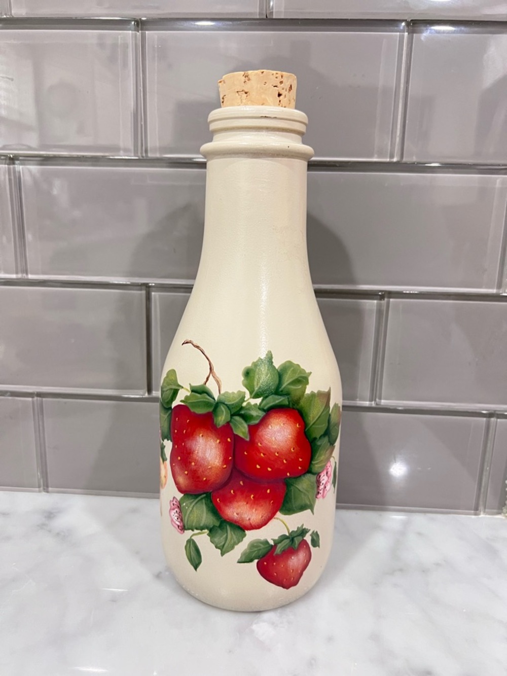 Hand-Painted Cream Bottle with Red Strawberry Design 10”
